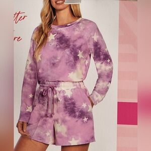 Wildfox Women Large Sweatshirt And Shorts Lounge Pajama Set Purple Star Tie‎ Dye